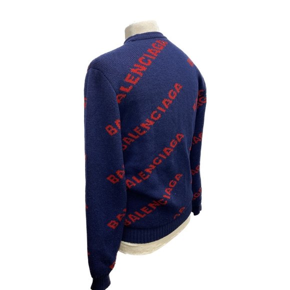 100% Authentic Balenciaga Allover Logo Sweater in Blue & Red Size Small - Picture 8 of 9